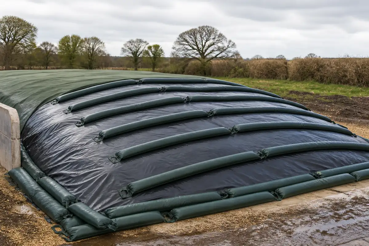 HDPE silo gravel bags sealing a covered silage pile
