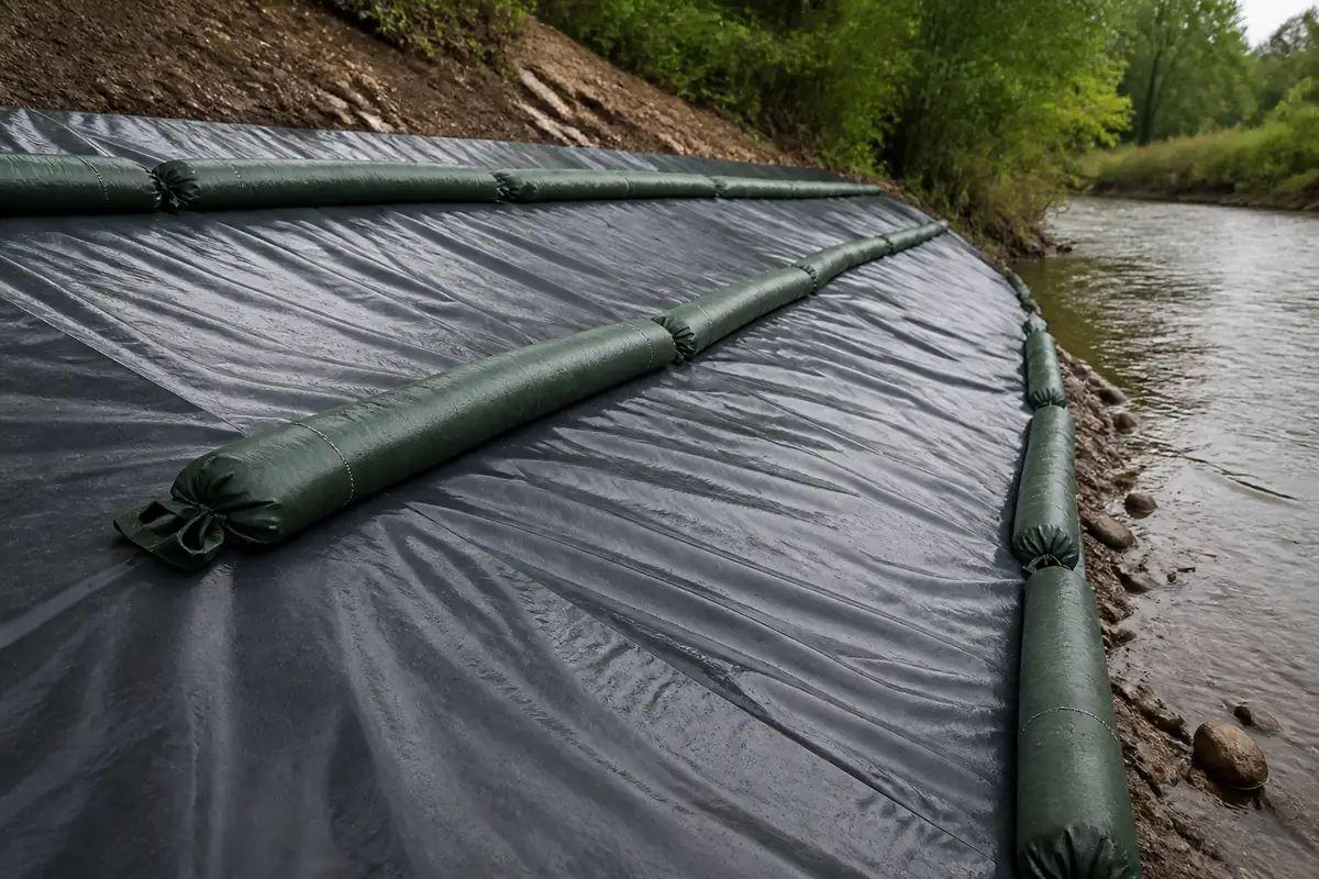 HDPE gravel bags securing protective sheeting on a riverbank slope