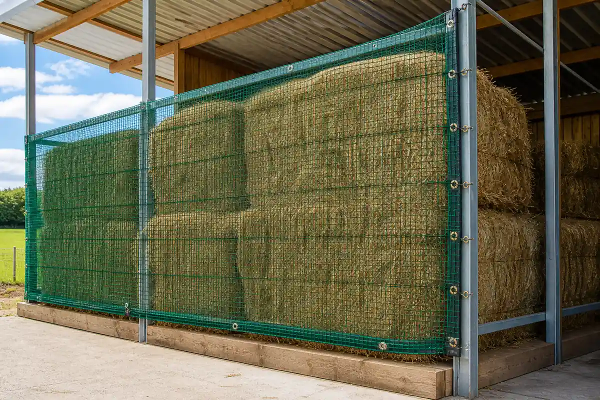 Protective netting shielding stored forage from birds and animals