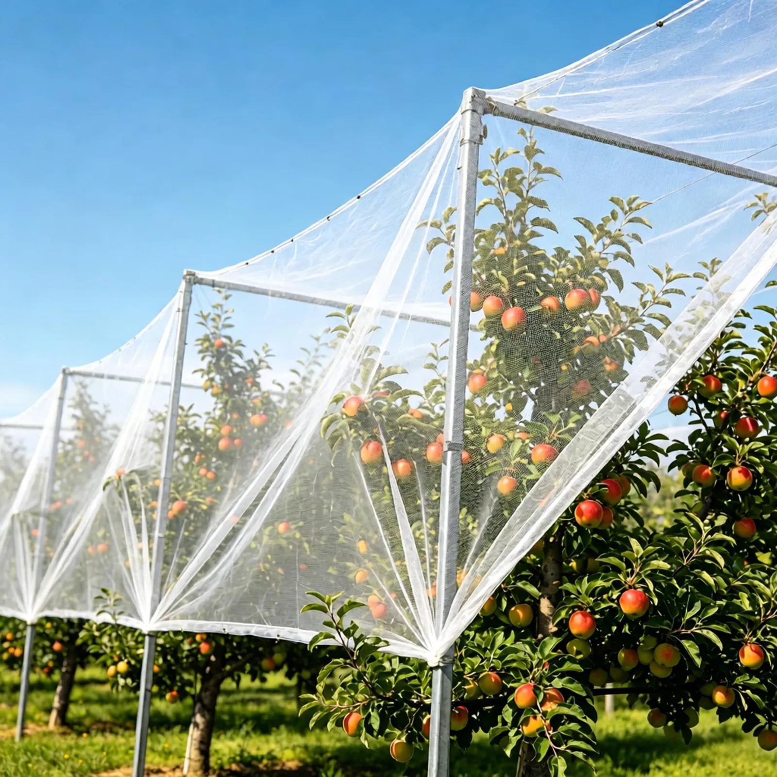 Bird netting installed for orchard crop protection 3