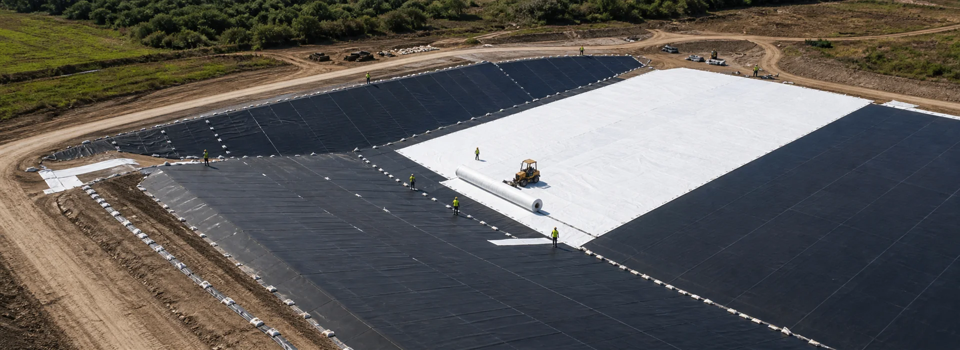 White geomembrane composite lining installation at a landfill