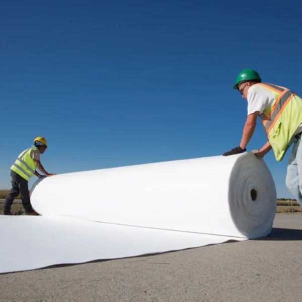 Staple fiber nonwoven geotextile roll being installed
